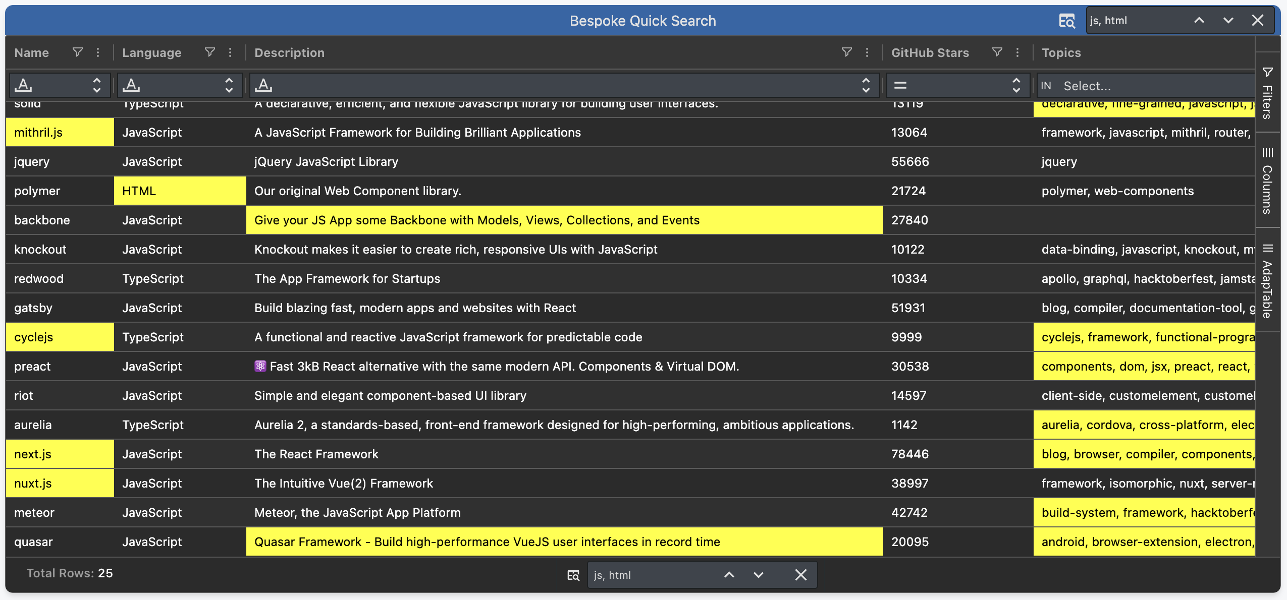 A bespoke Quick Search highlighting any cell containing 'js' or 'html'