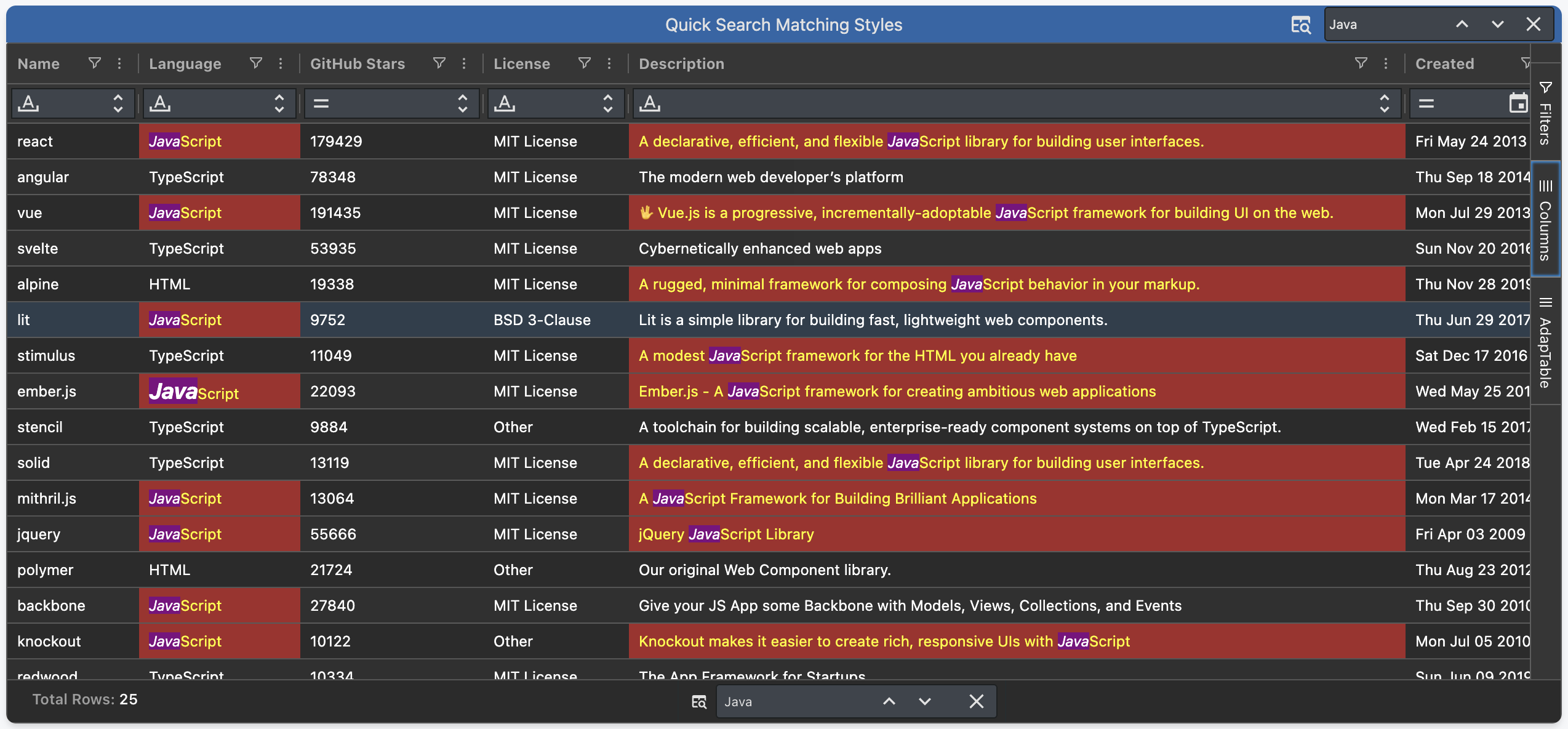 Setting custom Quick Search Matching Styles
