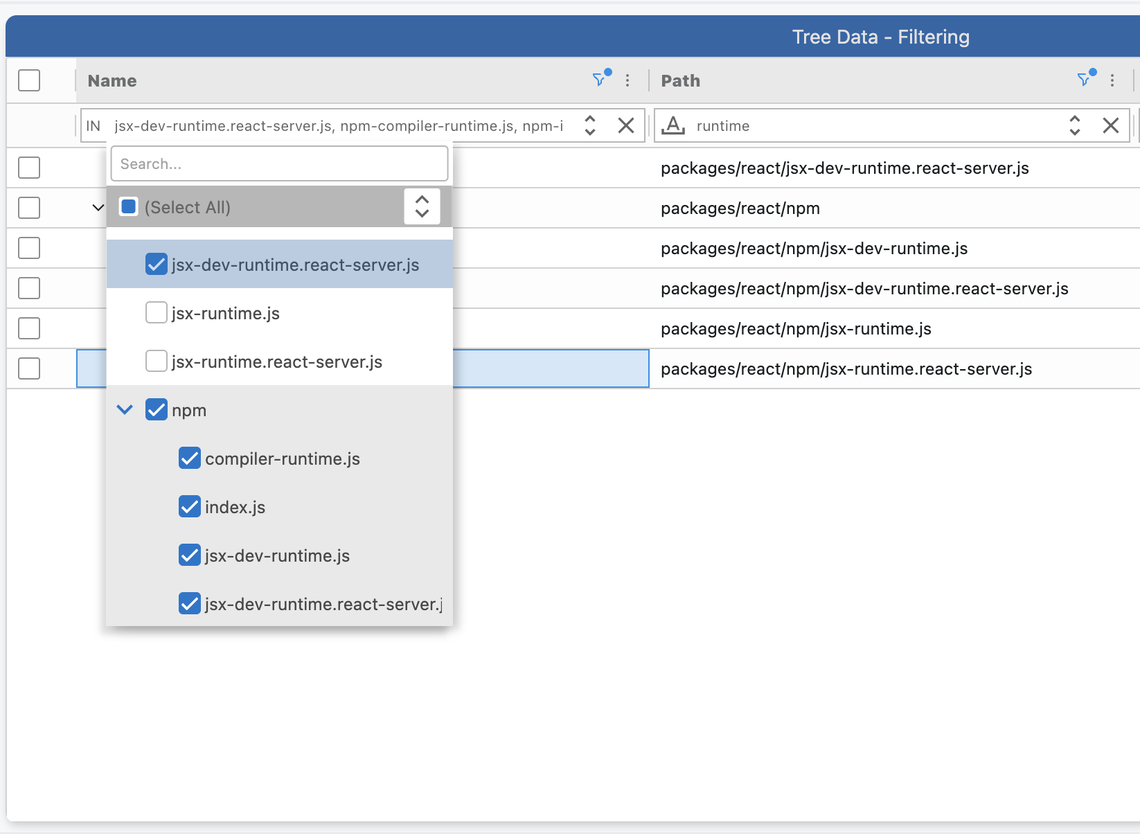 Displaying Tree Filter in the Tree Grid key Column