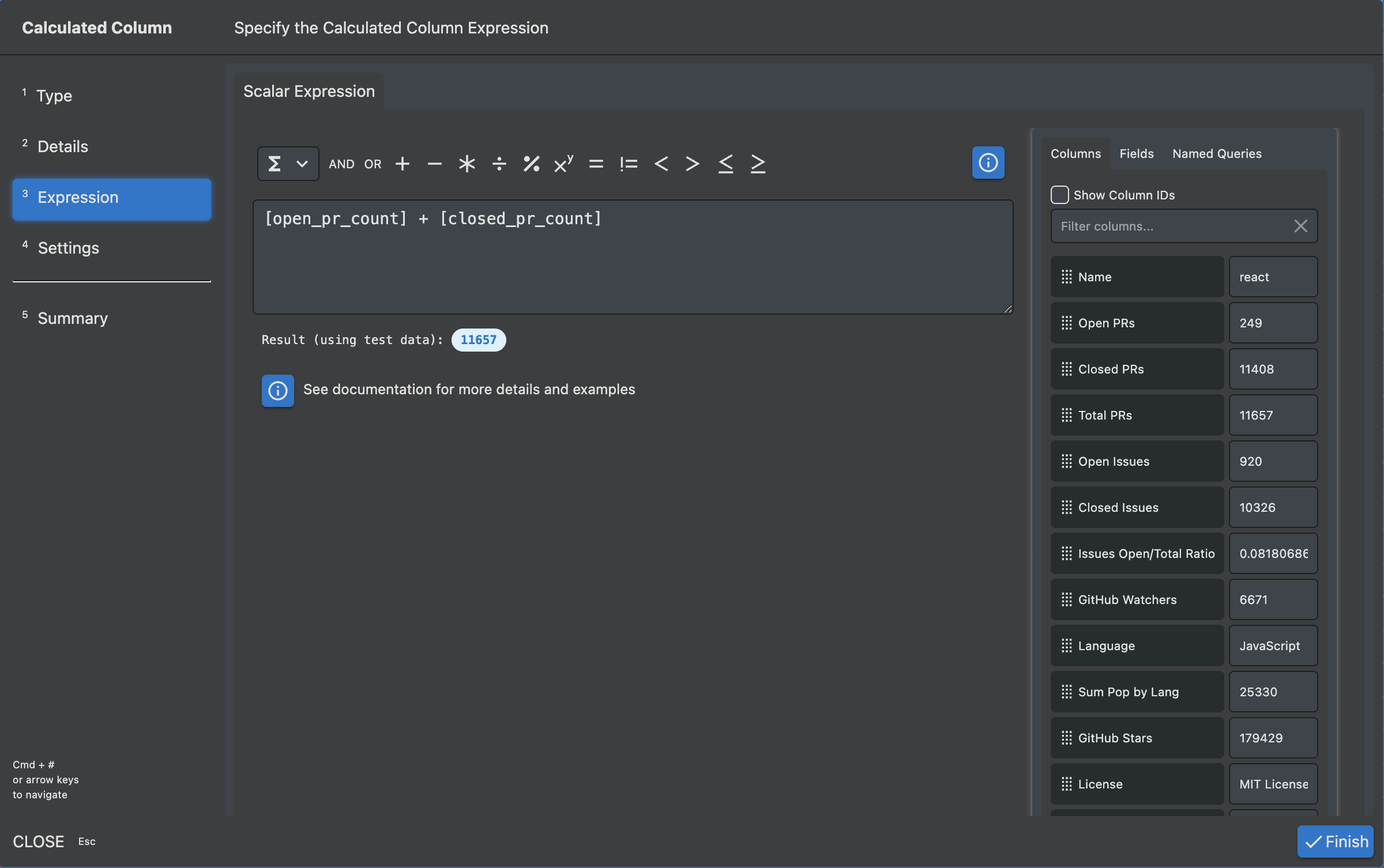 Expression step in Calculated Column Wizard