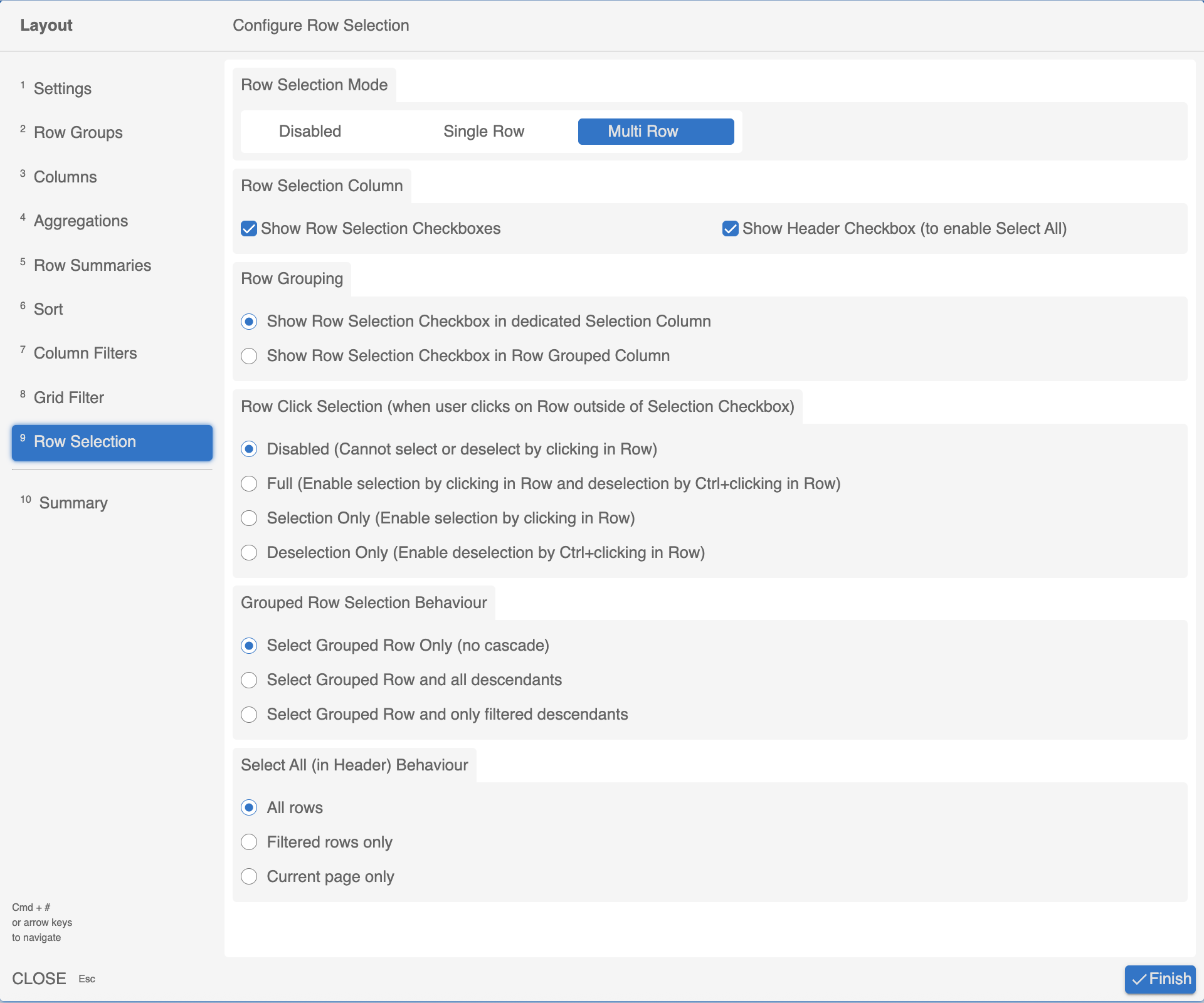 Configuring Row Selection in the Layout Editor