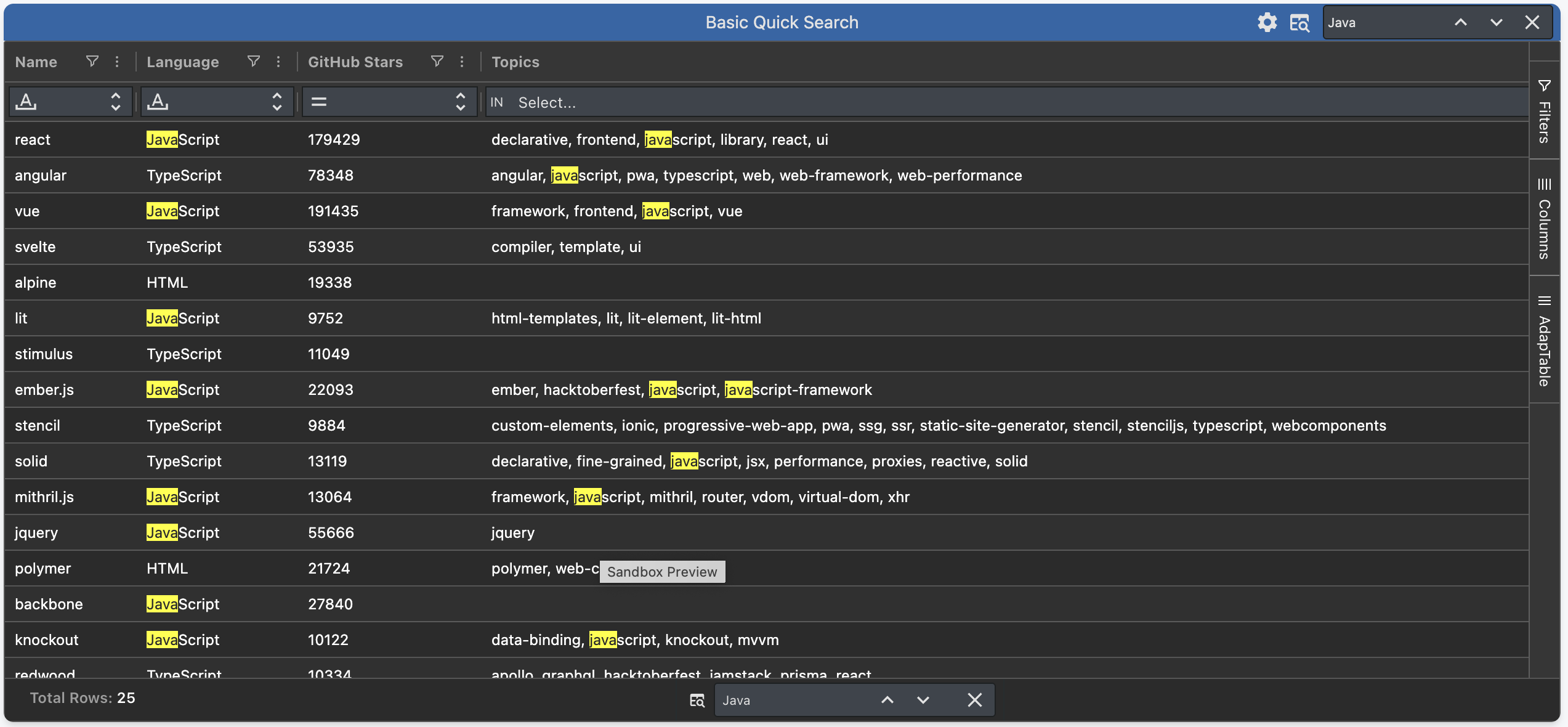 Quick Search with results in Array Column