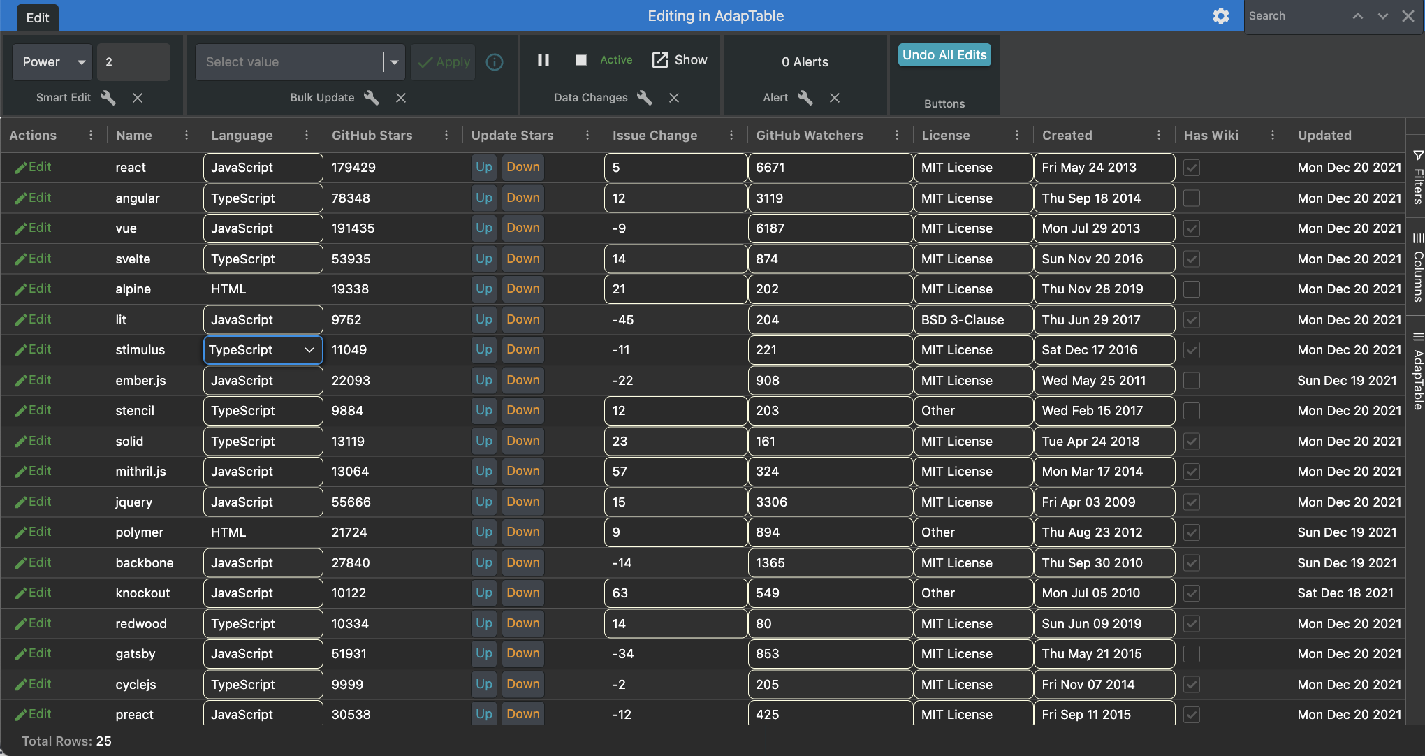 We set which cells are editable and provide an Editable Cell Style (see below)