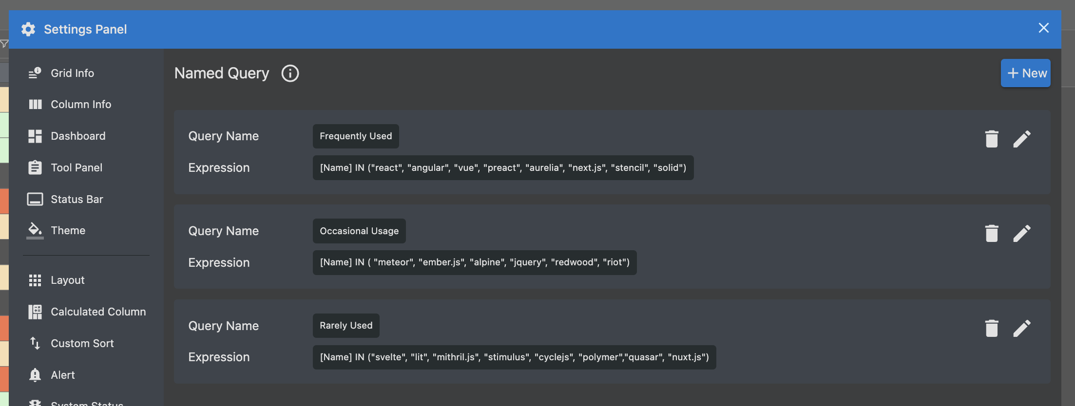 Three Named Queries: 'Frequently Used', 'Occasional Usage' and 'Rarely Used'